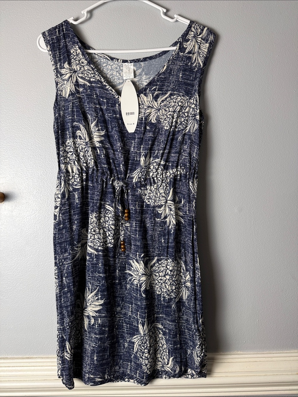 Sleeveless Navy Pineapple-Print Mini Dress with Drawstring Waist